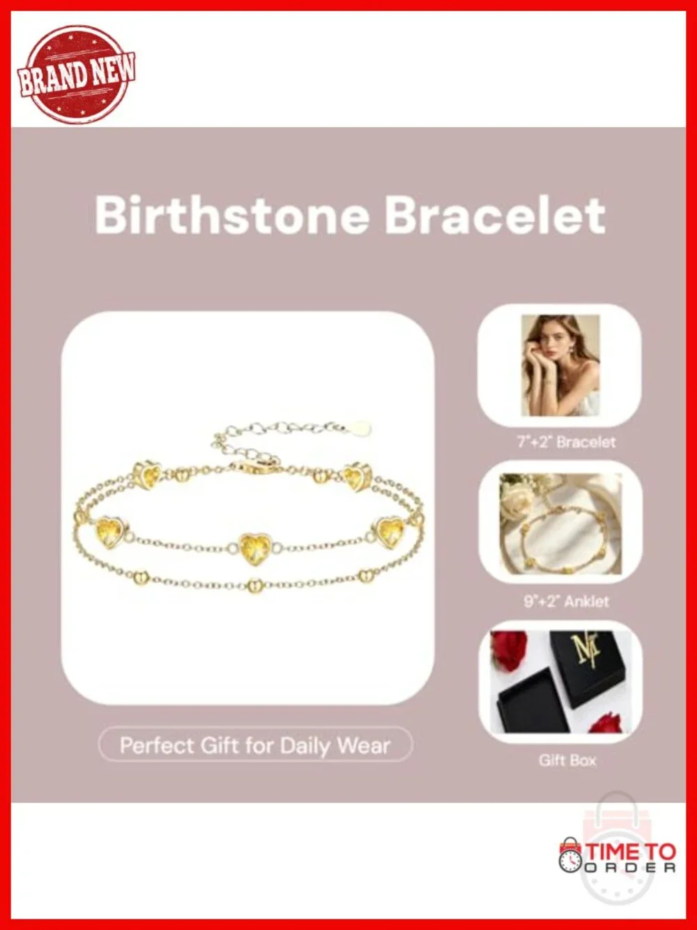 18K Gold Heart Birthstone Bracelet Anklet with 12 Months Citrine